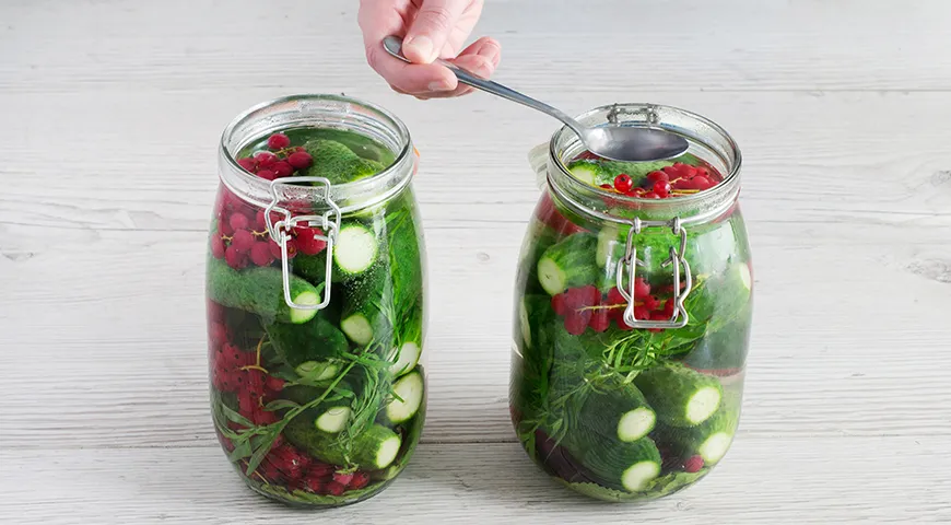 Eingelegte Gurken mit roten Johannisbeeren für den Winter