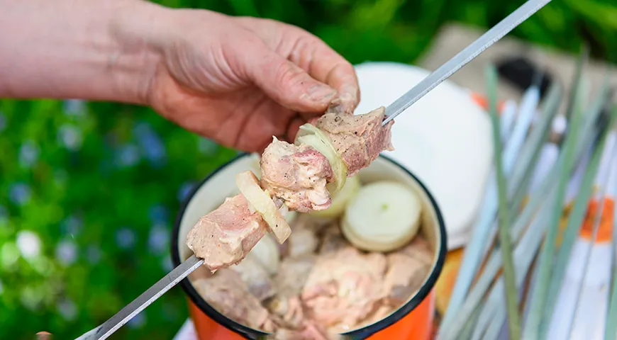 Marinade mit Essig, Zwiebeln und Mayonnaise für Schweinefleischspiesse