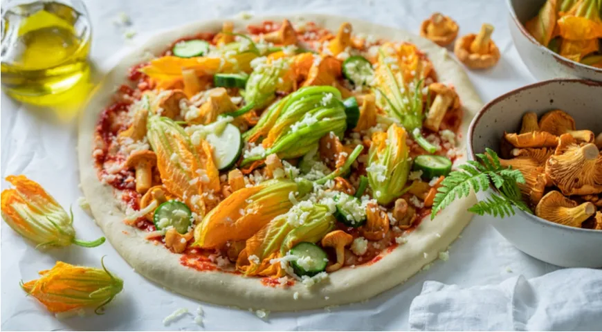 Pizza mit Zucchiniblüten und Pfifferlingen